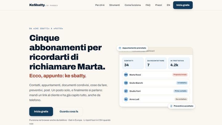 The KeSbatty page: a headline about subscriptions to keep track of, and a preview of the dashboard with contacts, follow-ups and deals.