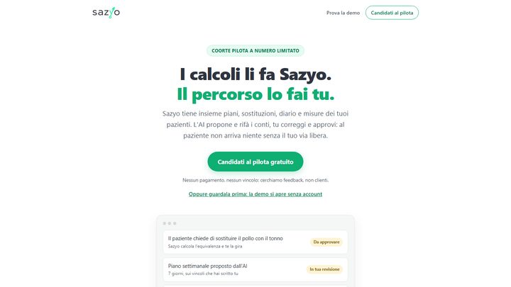 The Sazyo page: the headline “I calcoli li fa Sazyo. Il percorso lo fai tu.”, an invitation to join the free pilot and a preview of plans awaiting approval.